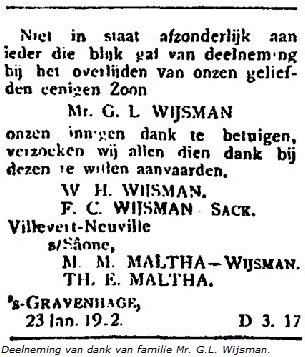Deelneming van dank van familie Mr. G.L. Wijsman.