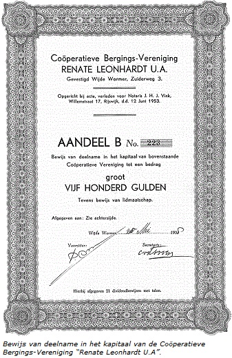 Bewijs van deelname in het kapitaal van de Coöperatieve Bergings-Vereniging “Renate Leonhardt U.A”.